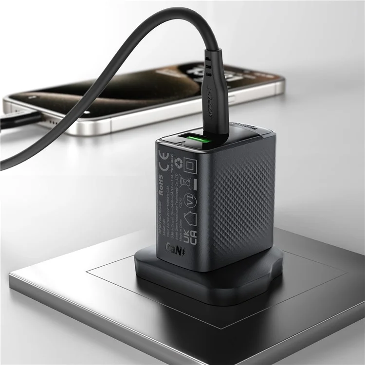 Aceffat A99 PD 30W Gan Caricabatterie Addebitato Rapido USB-C+USB-A Dual Port Charger, Plug UK
