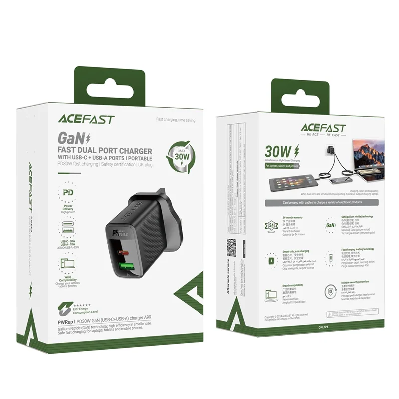 Aceffat A99 PD 30W Gan Caricabatterie Addebitato Rapido USB-C+USB-A Dual Port Charger, Plug UK