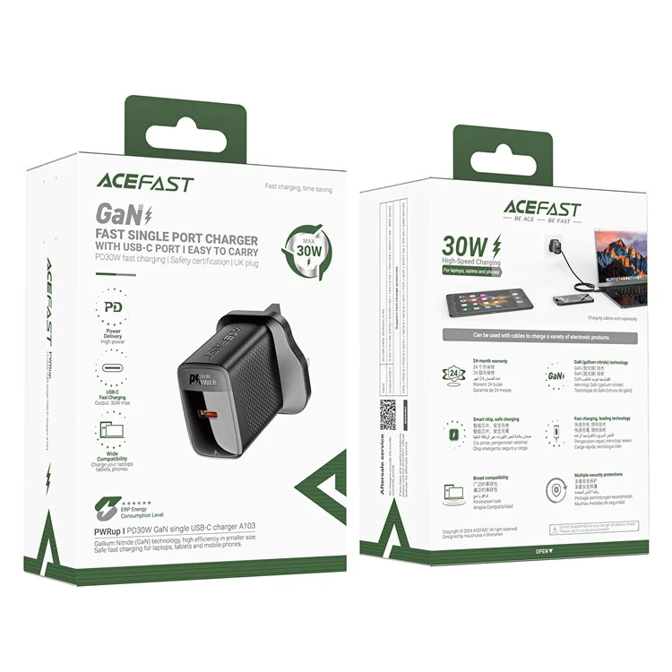 ACEFAST A103 PD 30W GaN Charger Single USB-C Port Phone Wall Charger, UK Plug