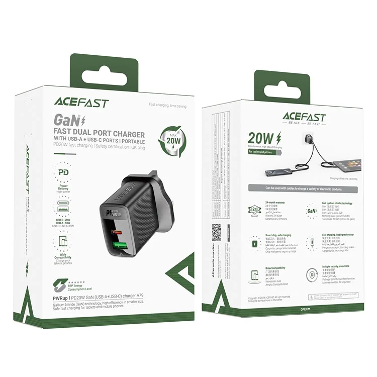 Acefast A79 PD 20W Charger Gan Usb-c + Usb-a Dual Port Phone Charger, Royaume-uni Plug