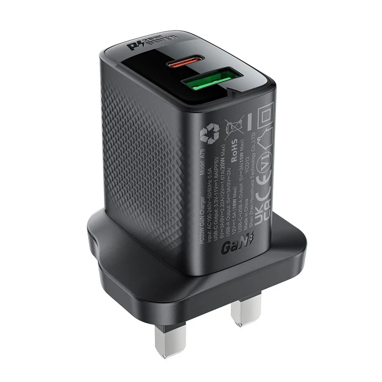 Acefast A79 PD 20W Charger Gan Usb-c + Usb-a Dual Port Phone Charger, Royaume-uni Plug