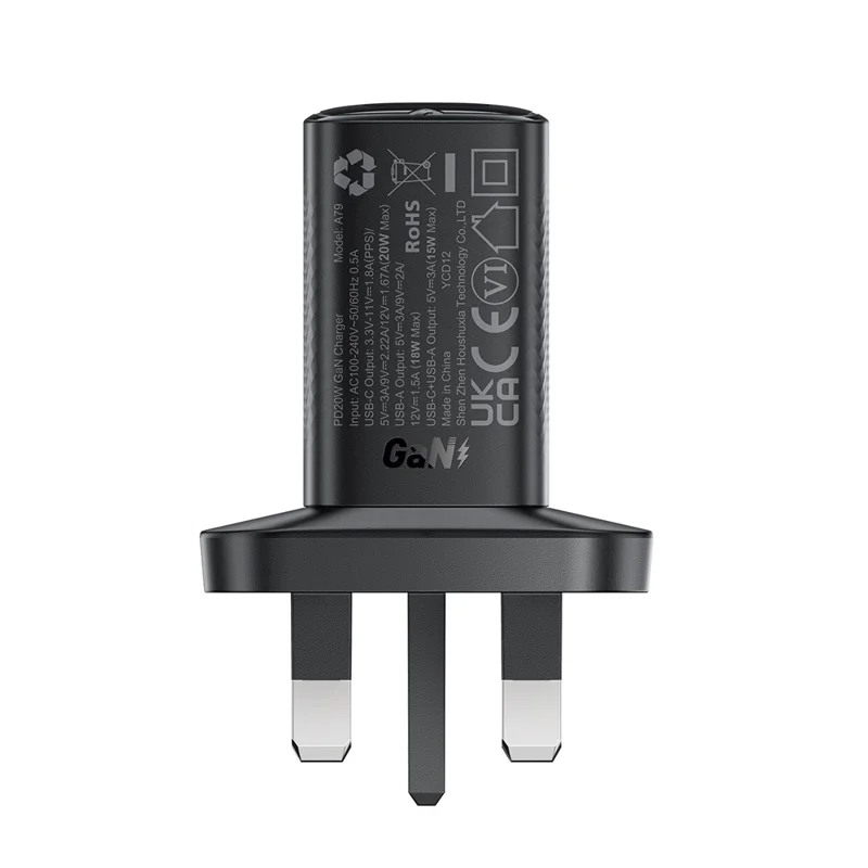 Acefast A79 PD 20W Charger Gan Usb-c + Usb-a Dual Port Phone Charger, Royaume-uni Plug