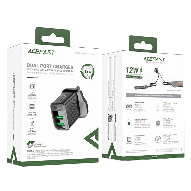 Acefast A87 12W Wall Charger USB-A+USB-A Двойное Телефонное Зарядное Устройство, UK Plug