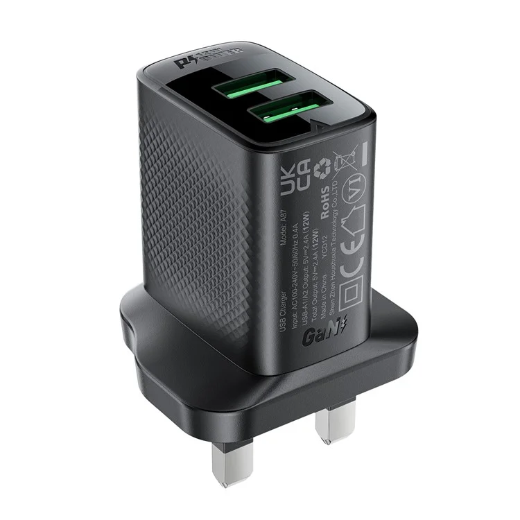 Acefast A87 12W Wall Charger USB-A+USB-A Двойное Телефонное Зарядное Устройство, UK Plug