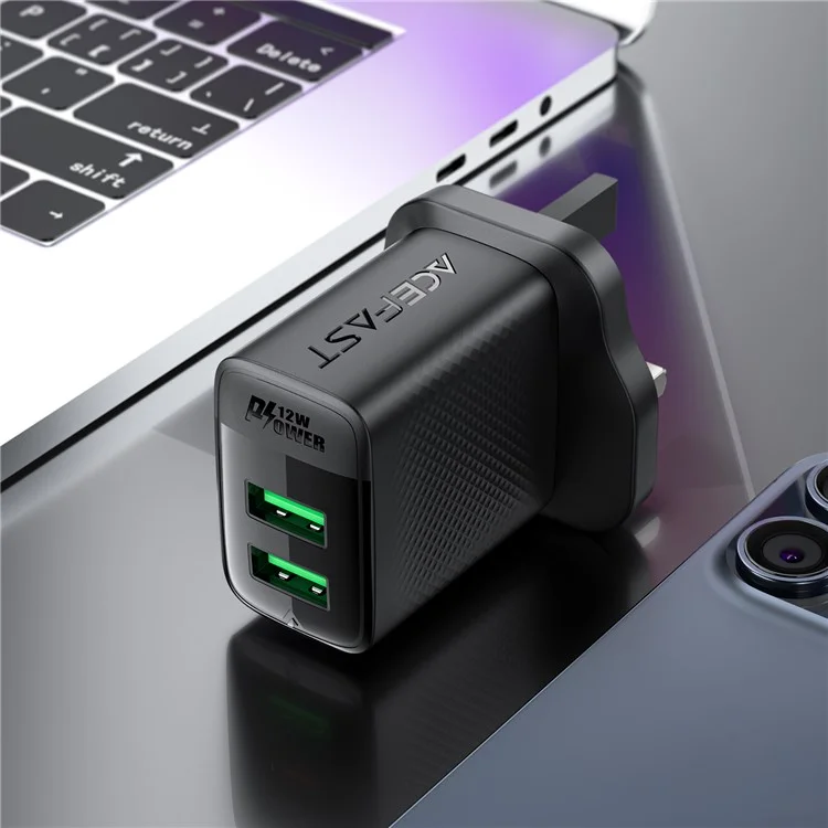 Acefast A87 12W Wall Charger USB-A+USB-A Двойное Телефонное Зарядное Устройство, UK Plug