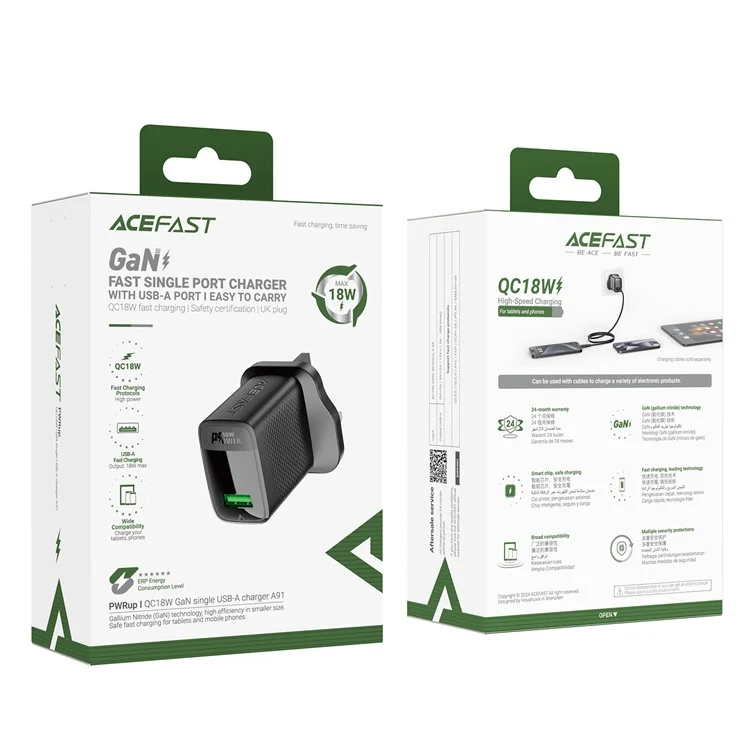 Acefast A91 QC 18W Gan Charger Single USB-A Adapter Chone Charger, UK Plug