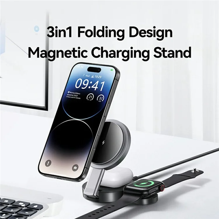 USAMS CD234 Phone / Watch / Earphone 3-in-1 Magnetic Wireless Charger Stand Foldable Fast Charging Dock