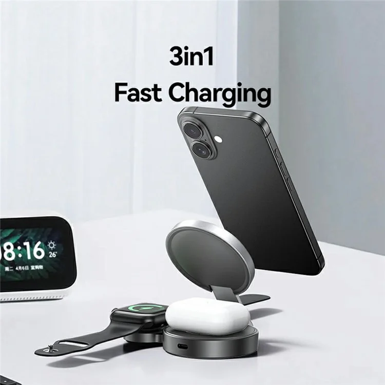 USAMS CD234 Phone / Watch / Earphone 3-in-1 Magnetic Wireless Charger Stand Foldable Fast Charging Dock