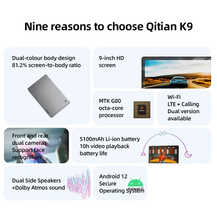 LENOVO Qitian K9 tablette de divertissement de bureau de 9 pouces 4+64G double objectif, tablette intelligente, version WiFi - Prise américaine