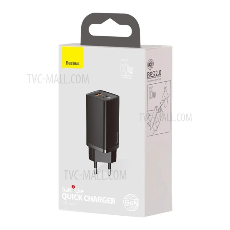 BASEUS GaN2 Lite Quick Charger Type-C+USB 65W Wall Charger EU Plug - Black