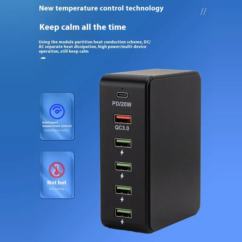 818PD QC3.0 PD 20W Station de charge rapide 5 USB + 1 Type-C Chargeur téléphone tablette bureau - Noir / Prise UE