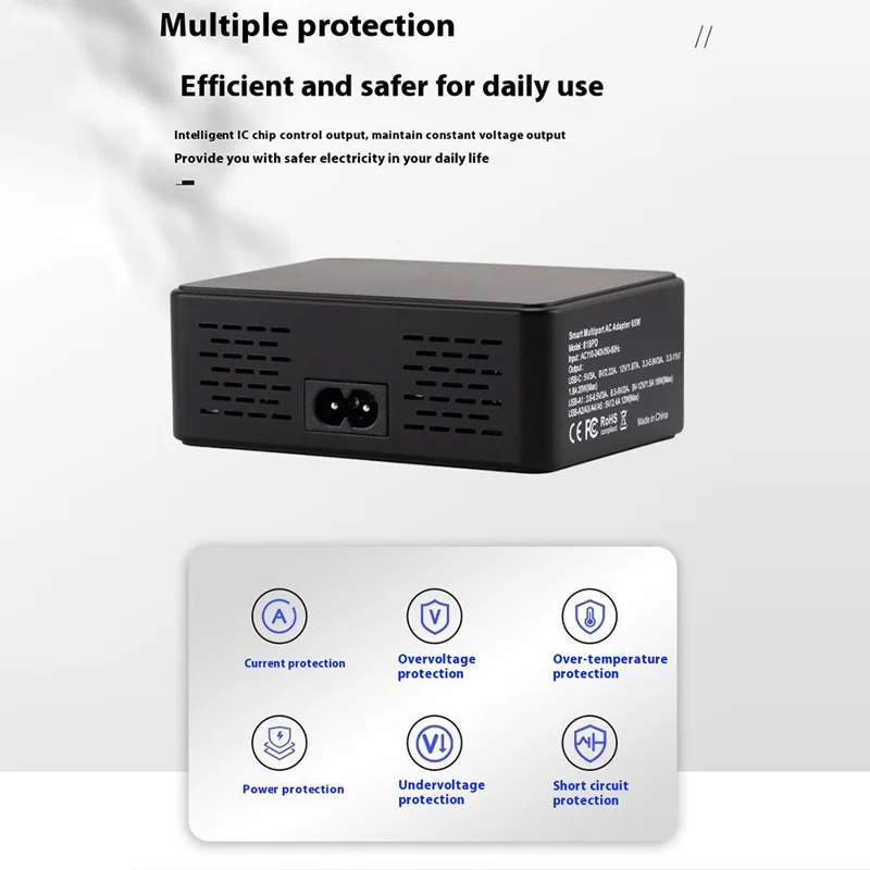818PD QC3.0 PD 20W Station de charge rapide 5 USB + 1 Type-C Chargeur téléphone tablette bureau - Noir / Prise UE