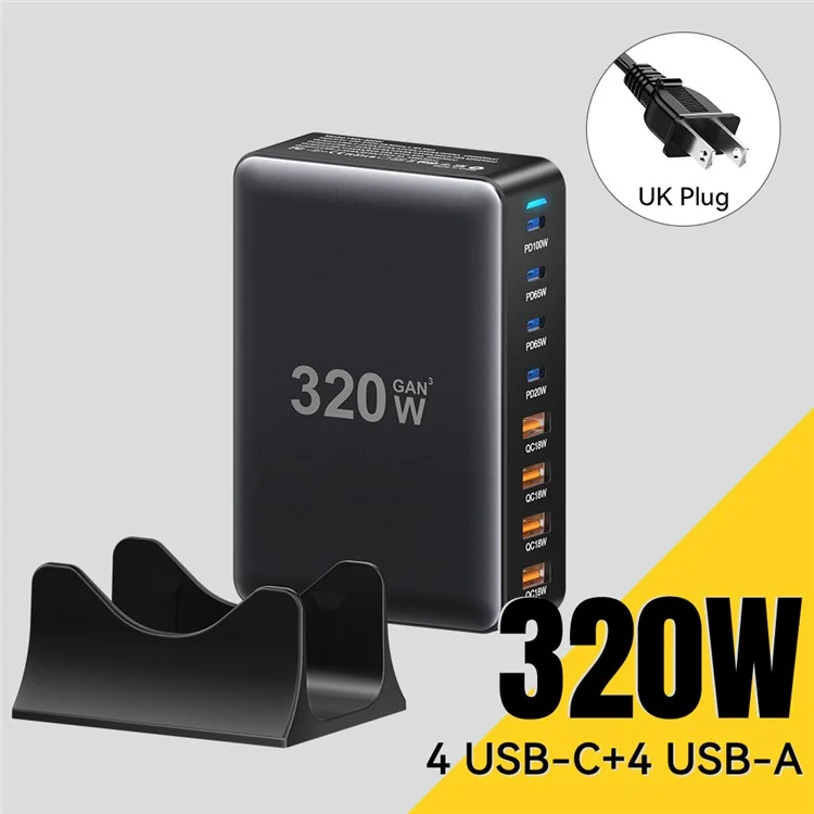 Chargeur de bureau ESSAGER 320W GaN 4 ports USB + 4 ports Type-C - Prise US