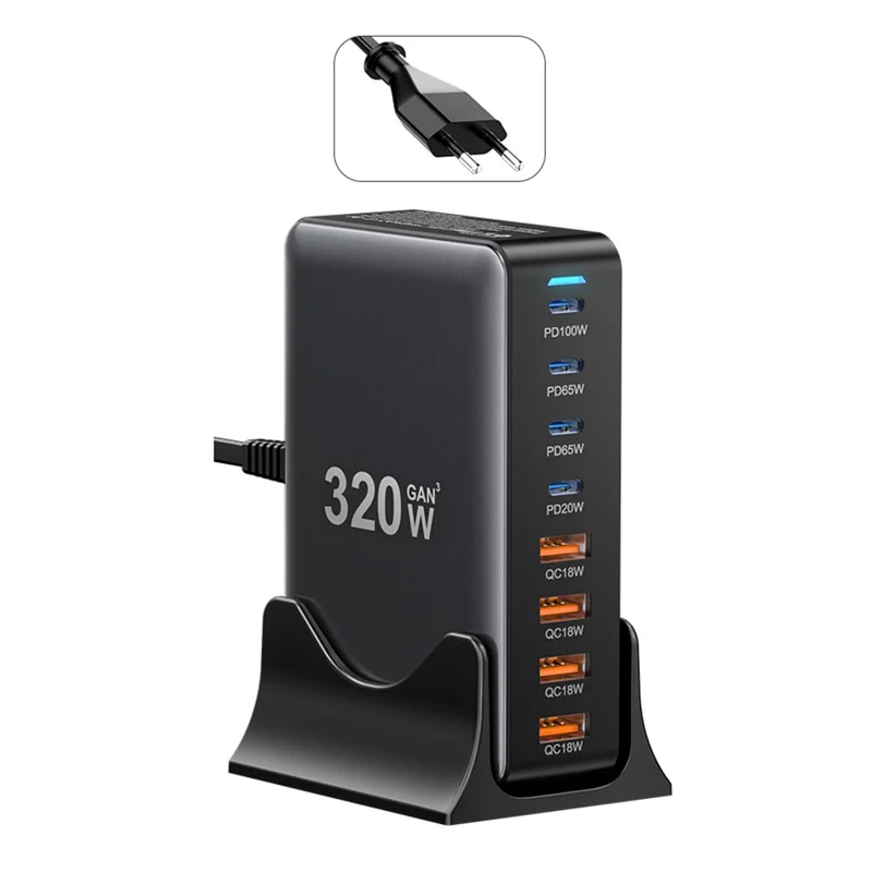 ESSAGER 320W GaN 4 USB + 4 Type-C-porters skrivbordsladdare - EU-uttag