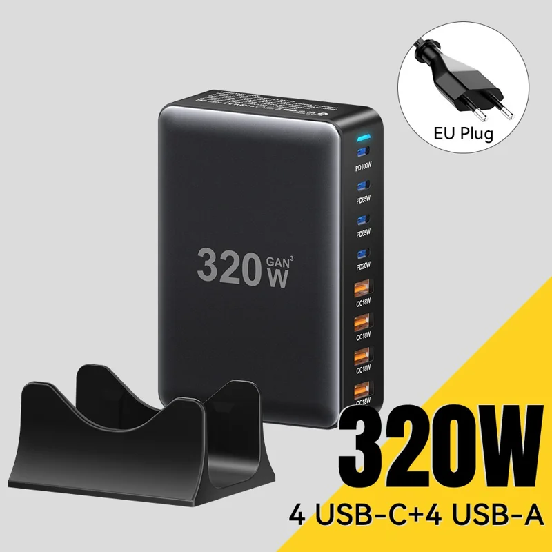 ESSAGER 320W GaN 4 USB + 4 Type-C-porters skrivbordsladdare - EU-uttag