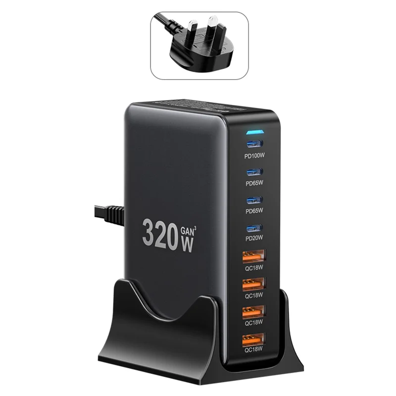 ESSAGER 320W GaN 4 USB + 4 Type-C Ports Desktop Charger - UK Plug