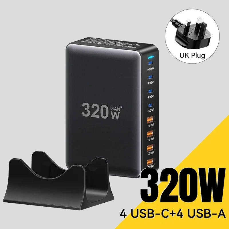 ESSAGER 320W GaN 4 USB + 4 Type-C Ports Desktop Charger - UK Plug