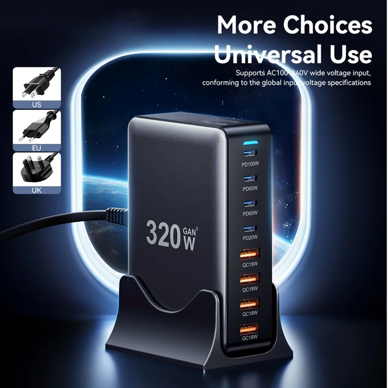 ESSAGER 320W GaN 4 USB + 4 Type-C Ports Desktop Charger - UK Plug