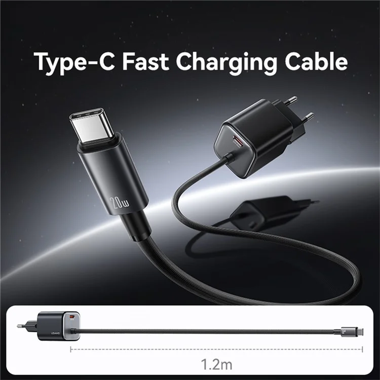 USAMS CC261 GaN Fast Charger Block 20W Dual Port Wall Charger with Type-C Cable, EU Plug - Black