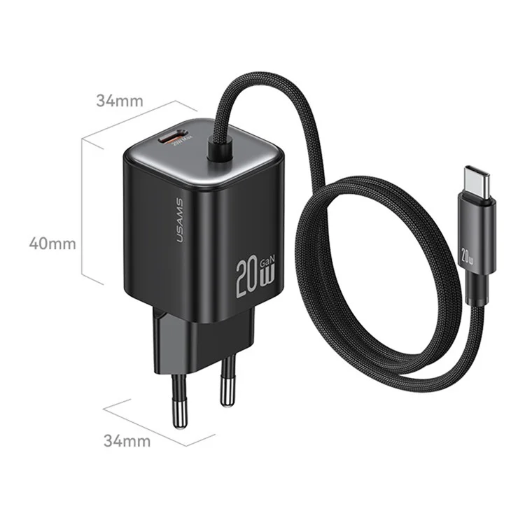 USAMS CC261 GaN Fast Charger Block 20W Dual Port Wall Charger with Type-C Cable, EU Plug - Black