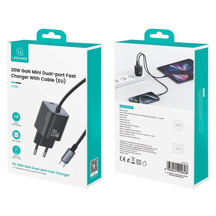 USAMS CC261 GaN Fast Charger Block 20W Dual Port Wall Charger with Type-C Cable, EU Plug - Black