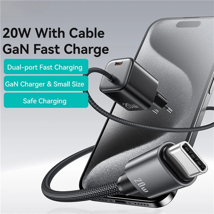 USAMS CC261 GaN Fast Charger Block 20W Dual Port Wall Charger with Type-C Cable, EU Plug - Black