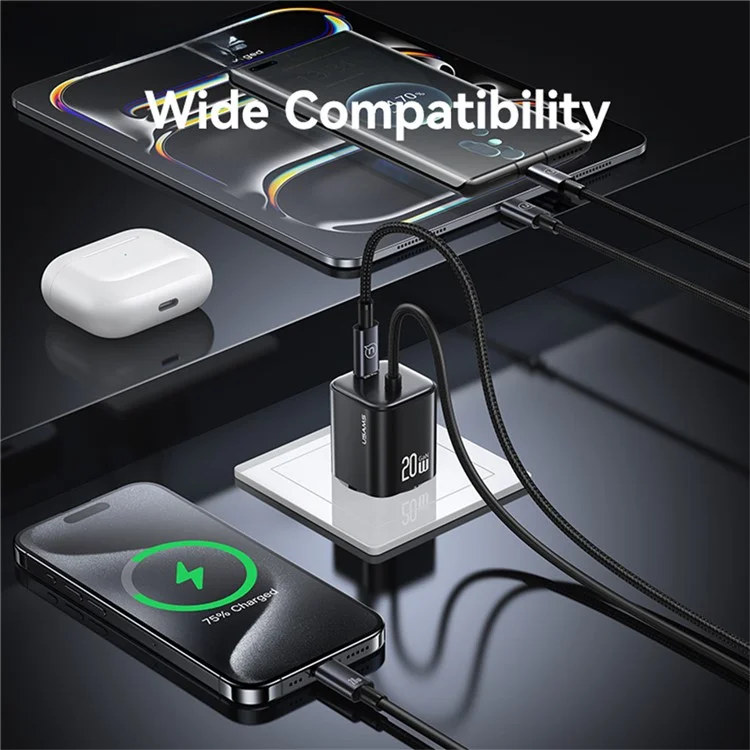 USAMS CC261 GaN Fast Charger Block 20W Dual Port Wall Charger with Type-C Cable, EU Plug - Black