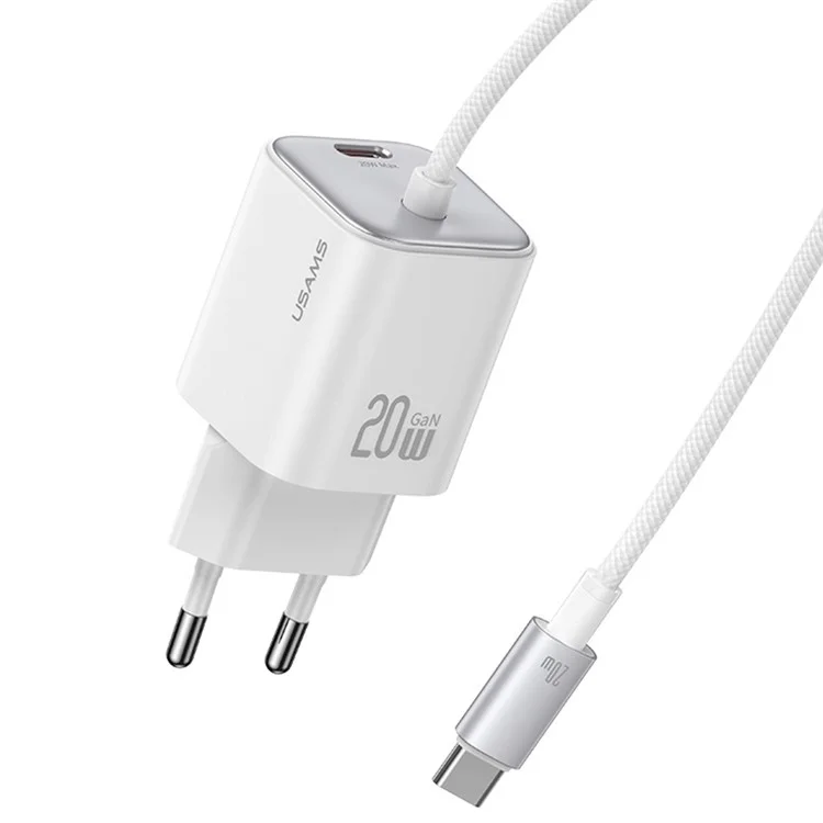 USAMS CC261 GaN Fast Charger Block 20W Dual Port Wall Charger with Type-C Cable, EU Plug - White