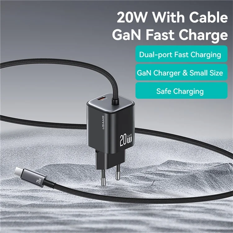 USAMS CC261 GaN Fast Charger Block 20W Dual Port Wall Charger with Type-C Cable, EU Plug - White