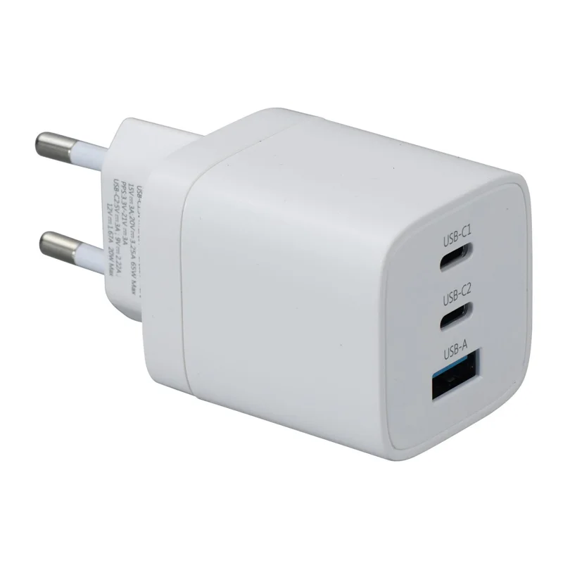 Compre em Quantidade 65W GaN Carregador de Parede USB-A + 2 Tipo-C Triplo Porta Carregador Rápido Adaptador de Energia - Plugue EU