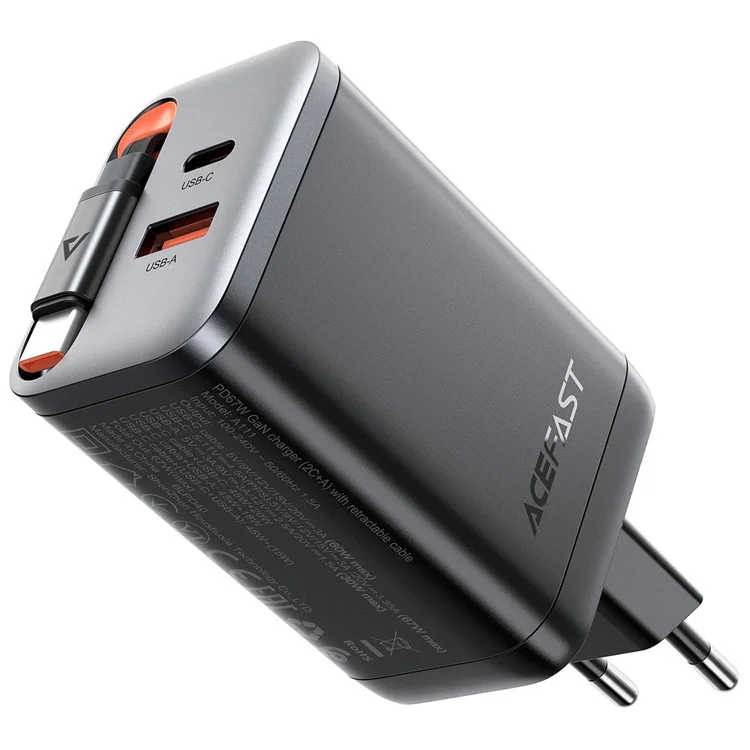 Caricabatterie ACEFAST A111 da 67W GaN con adattatore USB-A + Type-C e cavo USB-C retrattile, spina EU