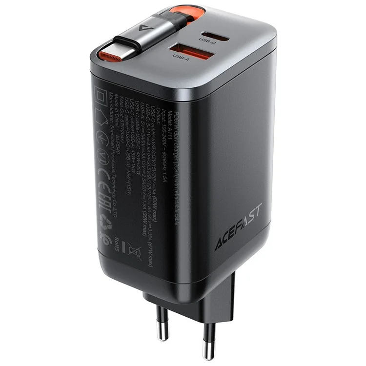 Caricabatterie ACEFAST A111 da 67W GaN con adattatore USB-A + Type-C e cavo USB-C retrattile, spina EU