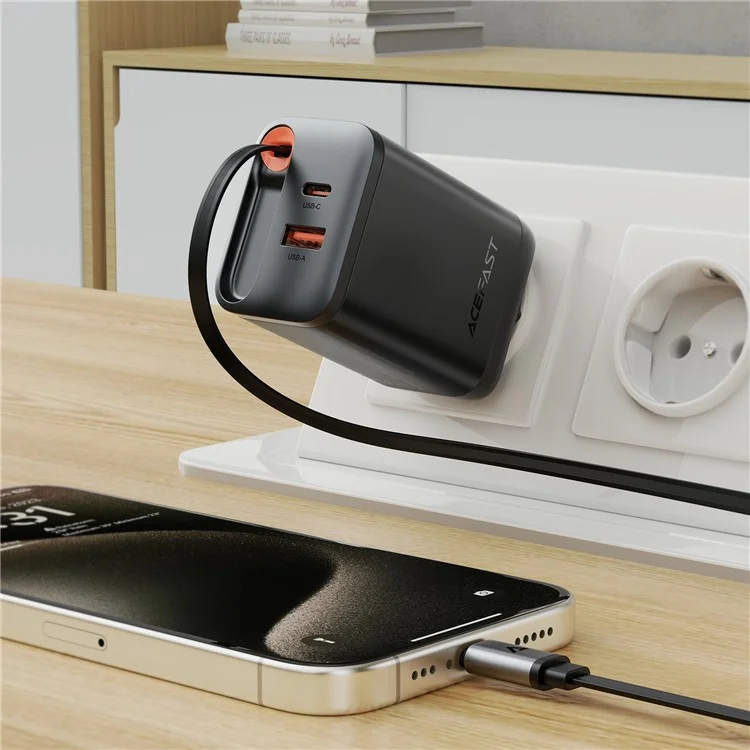 Caricabatterie ACEFAST A111 da 67W GaN con adattatore USB-A + Type-C e cavo USB-C retrattile, spina EU