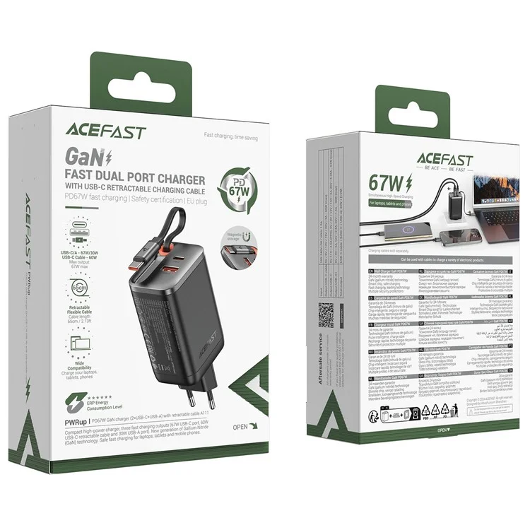 Caricabatterie ACEFAST A111 da 67W GaN con adattatore USB-A + Type-C e cavo USB-C retrattile, spina EU