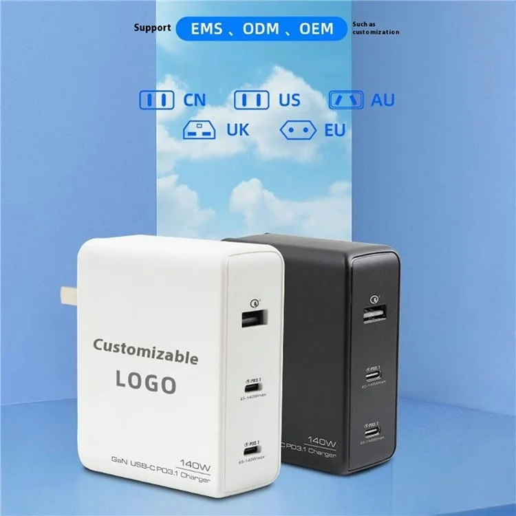 Оптовая покупка GaN PD 140 Вт быстрое зарядное устройство с двумя USB Type-C и адаптером питания, вилка США - белый