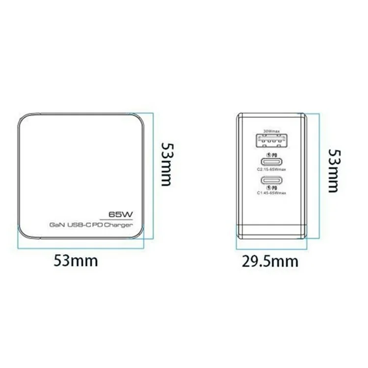 Оптовая покупка PST-65C2A-LB-GaN PD 65 Вт быстрое зарядное устройство Dual Type-C + USB адаптер питания, США вилка - черный