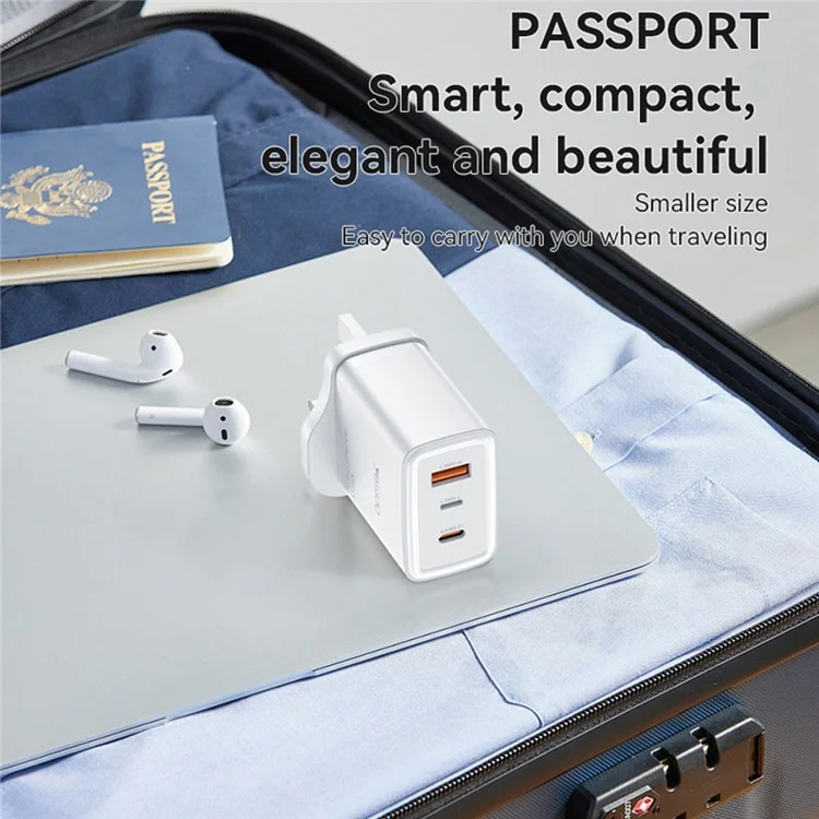 Adattatore di alimentazione a 3 porte YESIDO YC89 USB-A + iP + Type-C, ricarica rapida da 65 W, caricabatterie da parete, spina UK