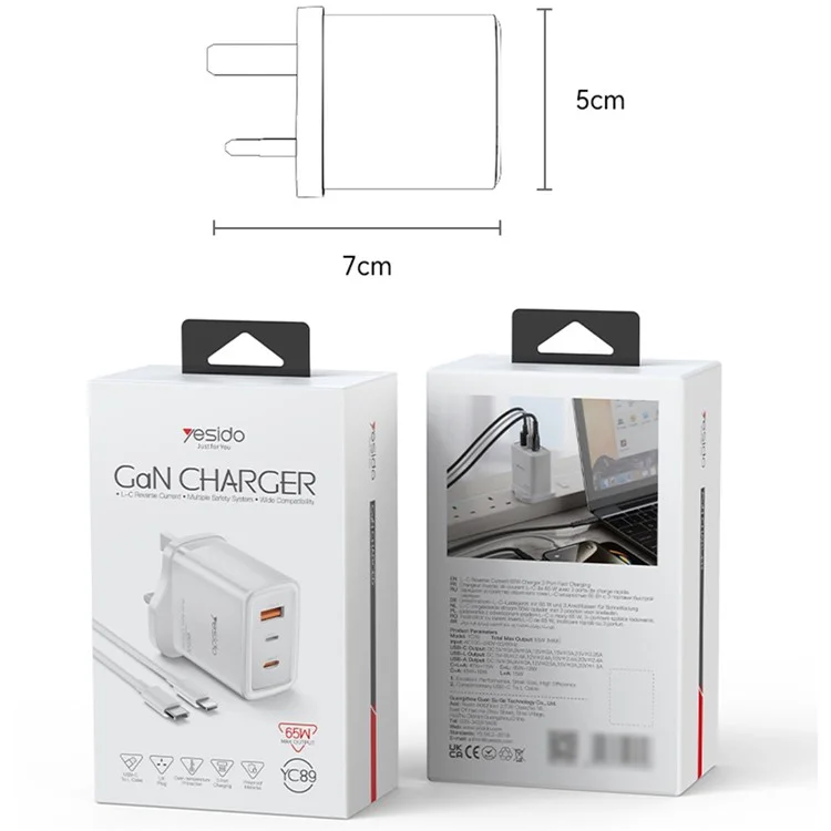 Adattatore di alimentazione a 3 porte YESIDO YC89 USB-A + iP + Type-C, ricarica rapida da 65 W, caricabatterie da parete, spina UK