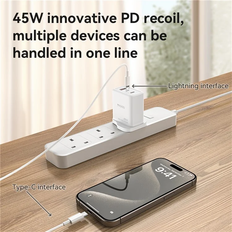 Adattatore di alimentazione a 3 porte YESIDO YC89 USB-A + iP + Type-C, ricarica rapida da 65 W, caricabatterie da parete, spina UK