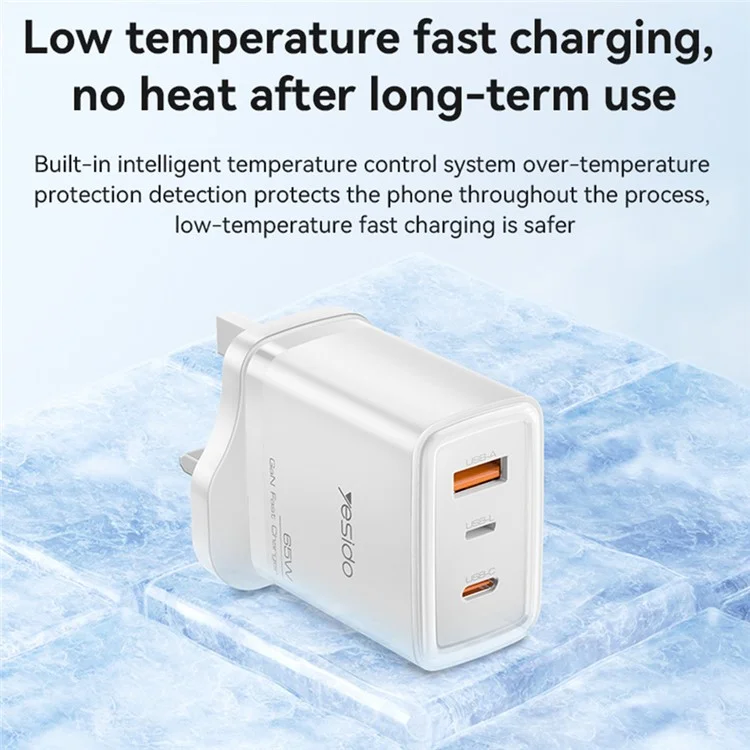 Adattatore di alimentazione a 3 porte YESIDO YC89 USB-A + iP + Type-C, ricarica rapida da 65 W, caricabatterie da parete, spina UK