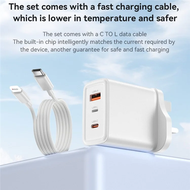 Adattatore di alimentazione a 3 porte YESIDO YC89 USB-A + iP + Type-C, ricarica rapida da 65 W, caricabatterie da parete, spina UK