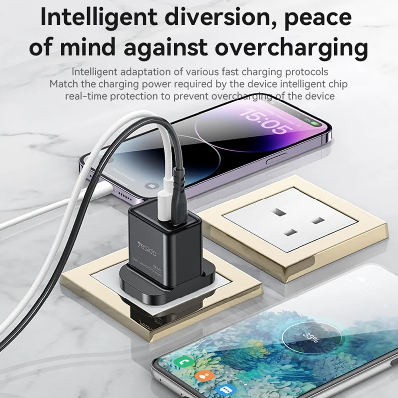 Chargeur de téléphone YESIDO YC83 GaN 30W avec port USB+Type-C