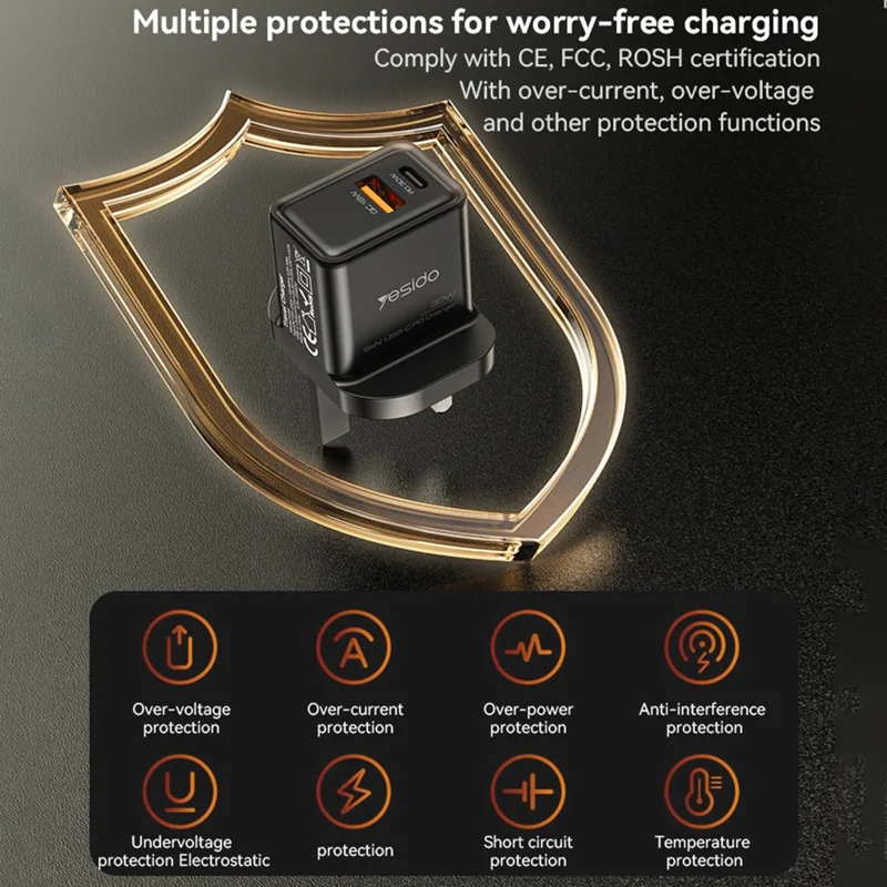 Chargeur de téléphone YESIDO YC83 GaN 30W avec port USB+Type-C