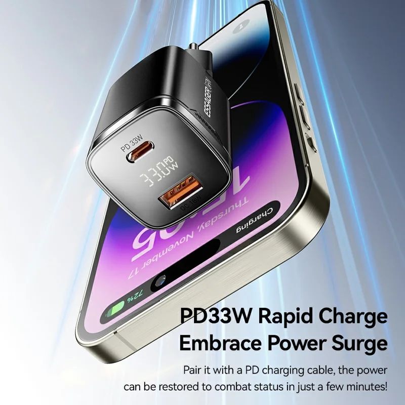 ESSAGER 33W Fast Charging Digital Display USB A + Type C Dual Port GaN Travel Charger - EU Plug / White