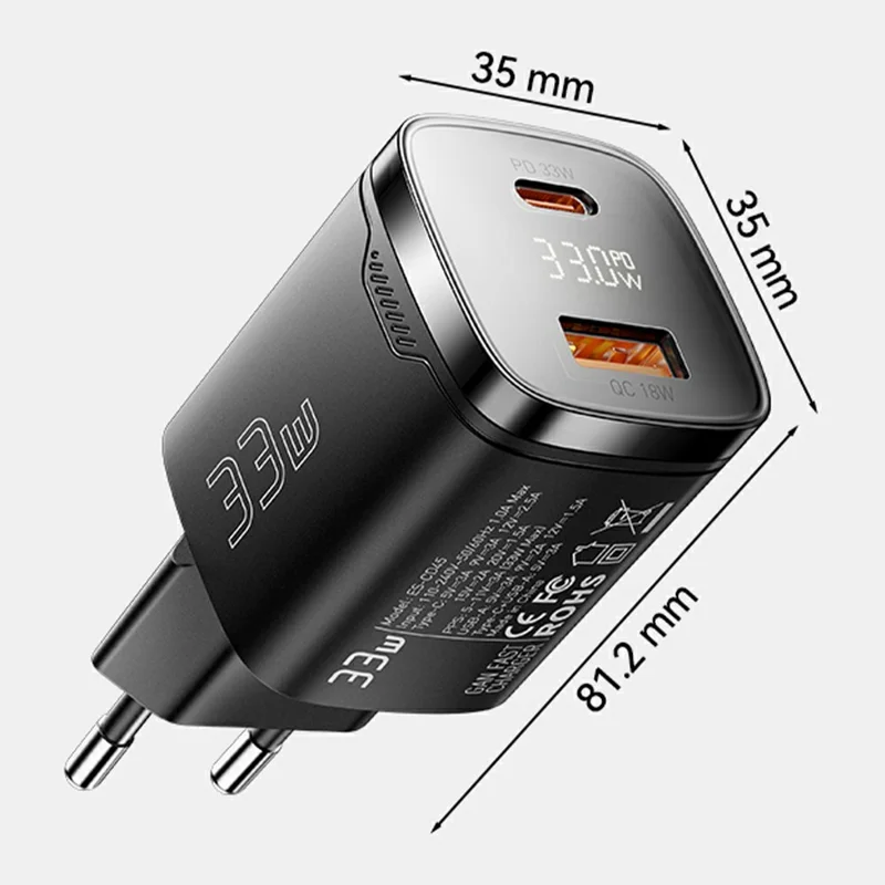ESSAGER 33W Fast Charging Digital Display USB A + Type C Dual Port GaN Travel Charger - EU Plug / White