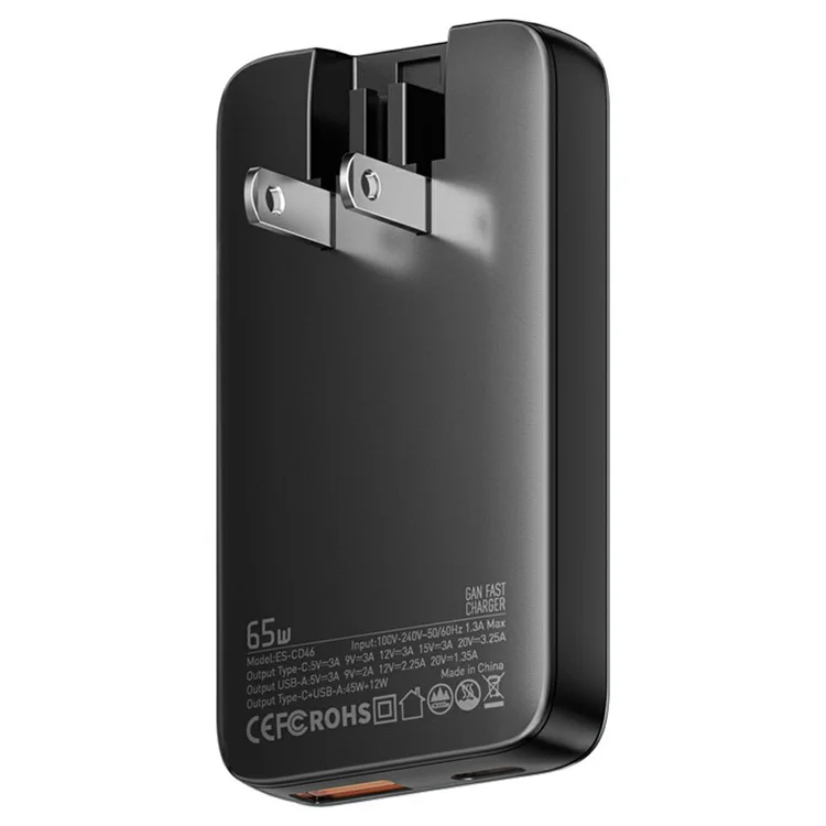 ESSAGER 65W Schnellladegerät USB A + Typ C Dual-Ports Ultra Slim GaN Reiseladegerät - US-Stecker