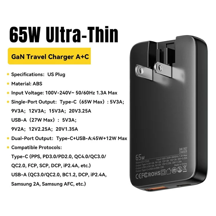 ESSAGER 65W Schnellladegerät USB A + Typ C Dual-Ports Ultra Slim GaN Reiseladegerät - US-Stecker