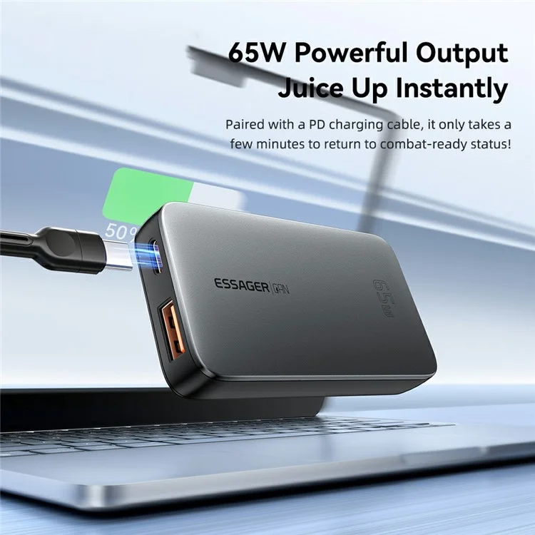 ESSAGER 65W Schnellladegerät USB A + Typ C Dual-Ports Ultra Slim GaN Reiseladegerät - US-Stecker