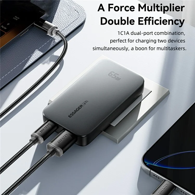 ESSAGER 65W Schnellladegerät USB A + Typ C Dual-Ports Ultra Slim GaN Reiseladegerät - US-Stecker