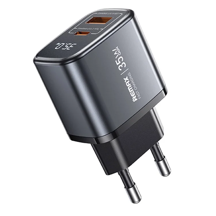 Adaptateur secteur rapide REMAX U2-AC35W GaN à affichage numérique 35W avec port Type-C / Adaptateur double port USB-A 30W - Prise EU